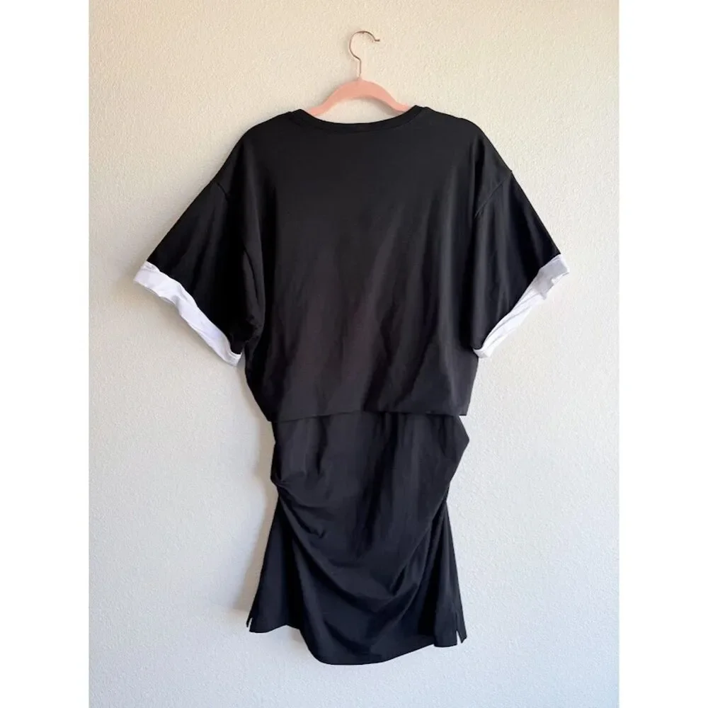 Simkhai Cody Cotton Jersey Ruched Mini Dress in Black & White size XL NWOT